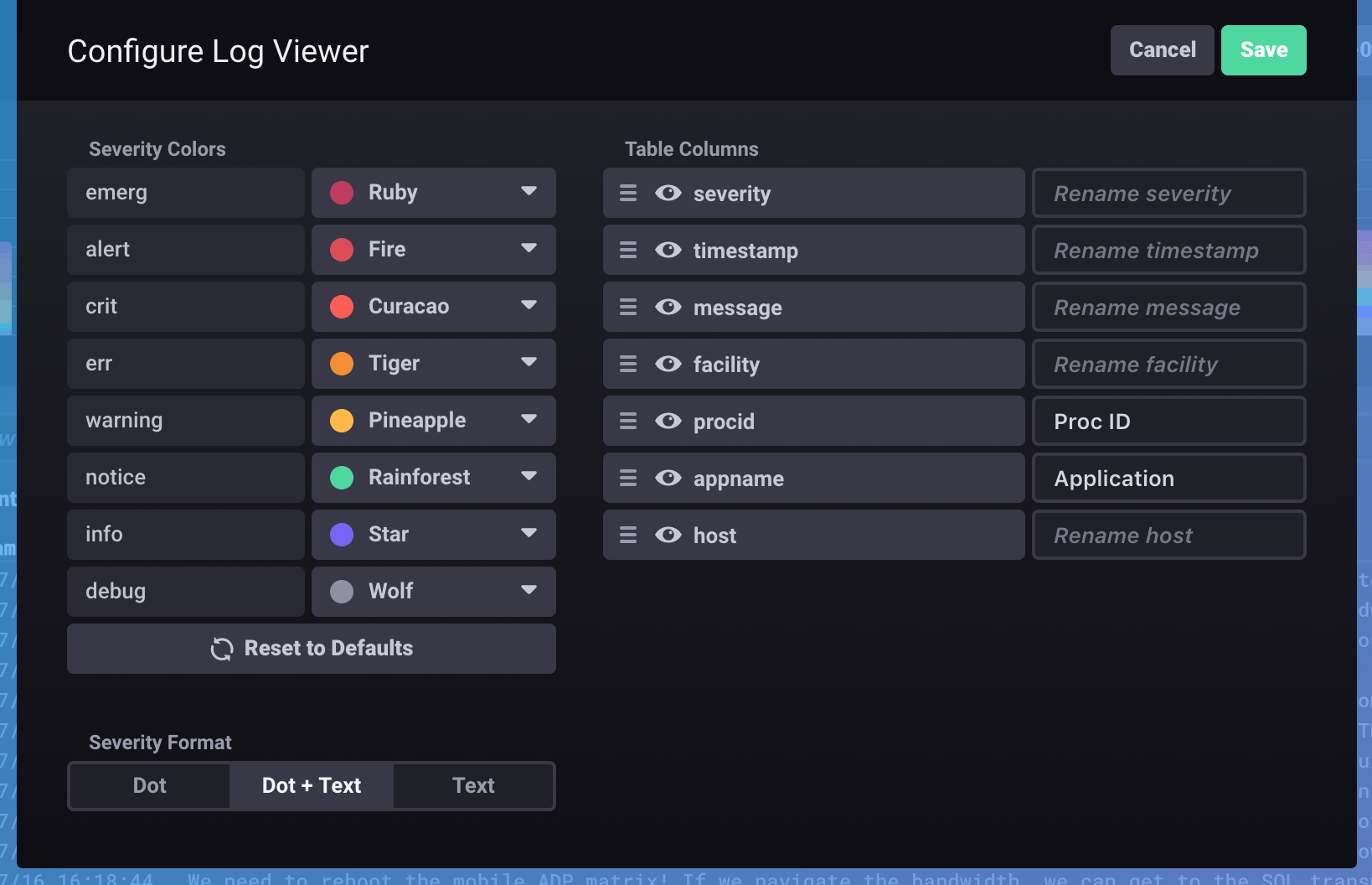 Log viewer configuration options