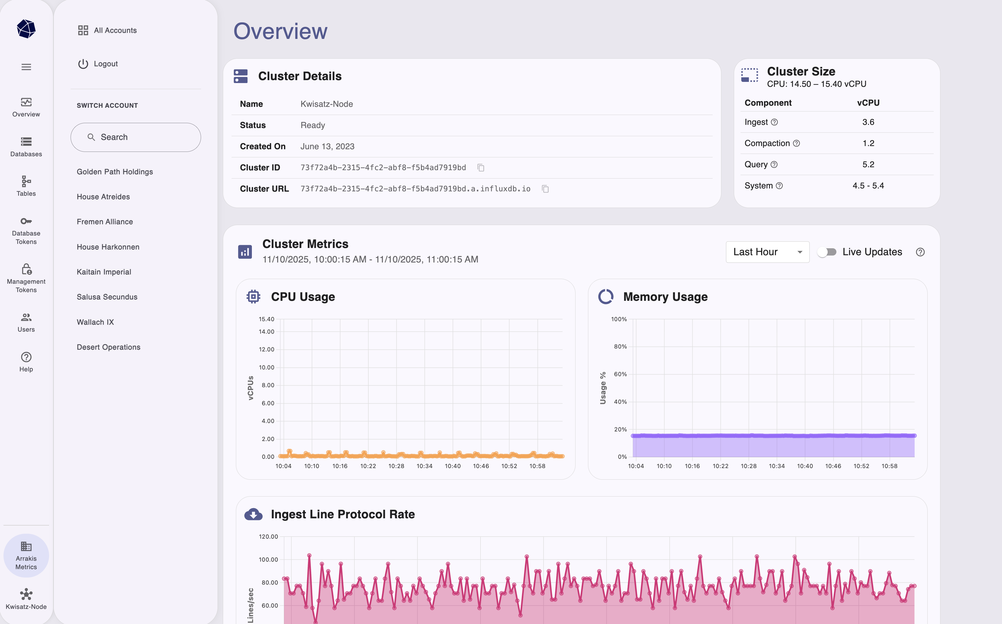 InfluxDB Cloud Dedicated Admin UI account and cluster switcher
