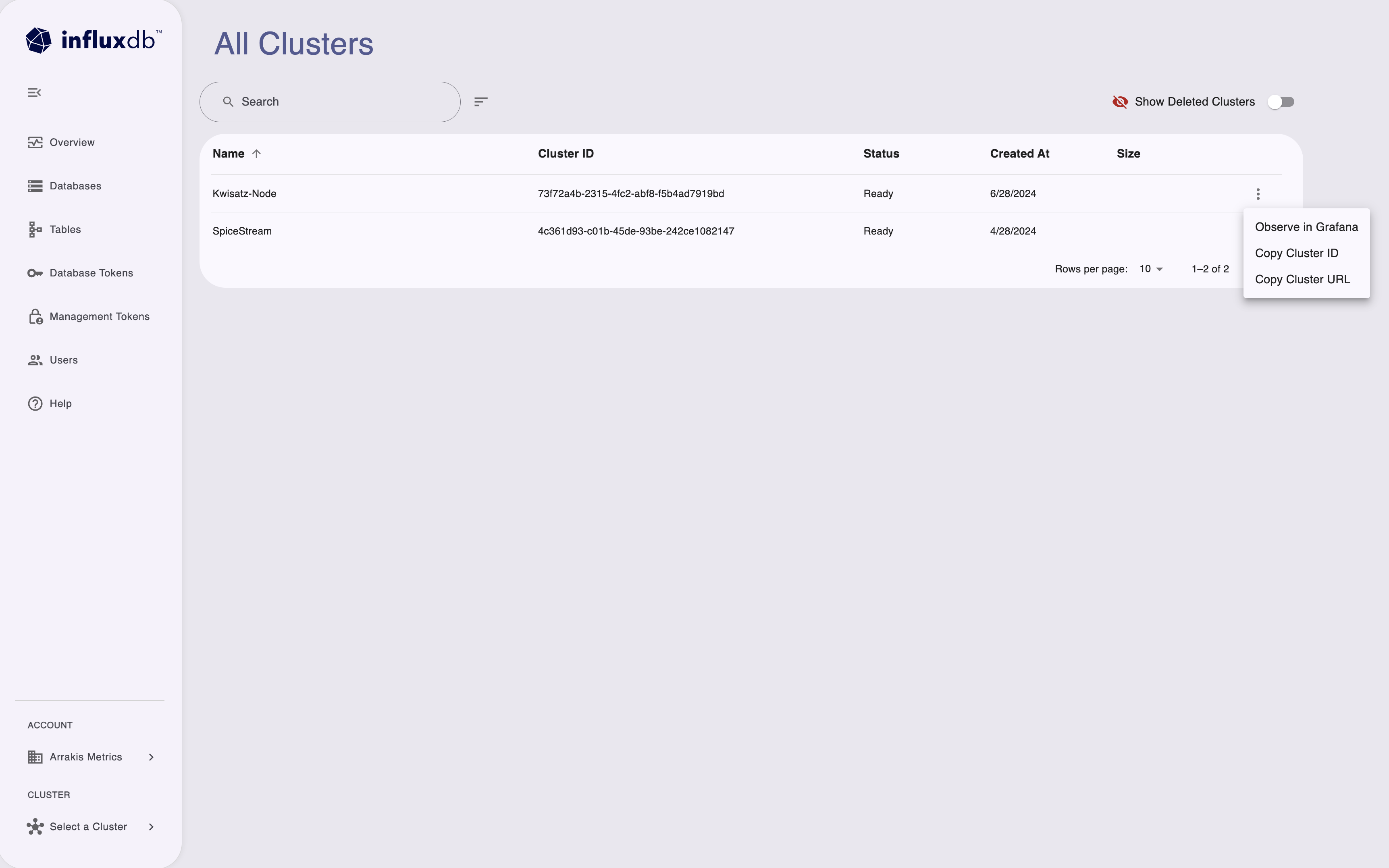 InfluxDB Cloud Dedicated Admin UI all clusters view
