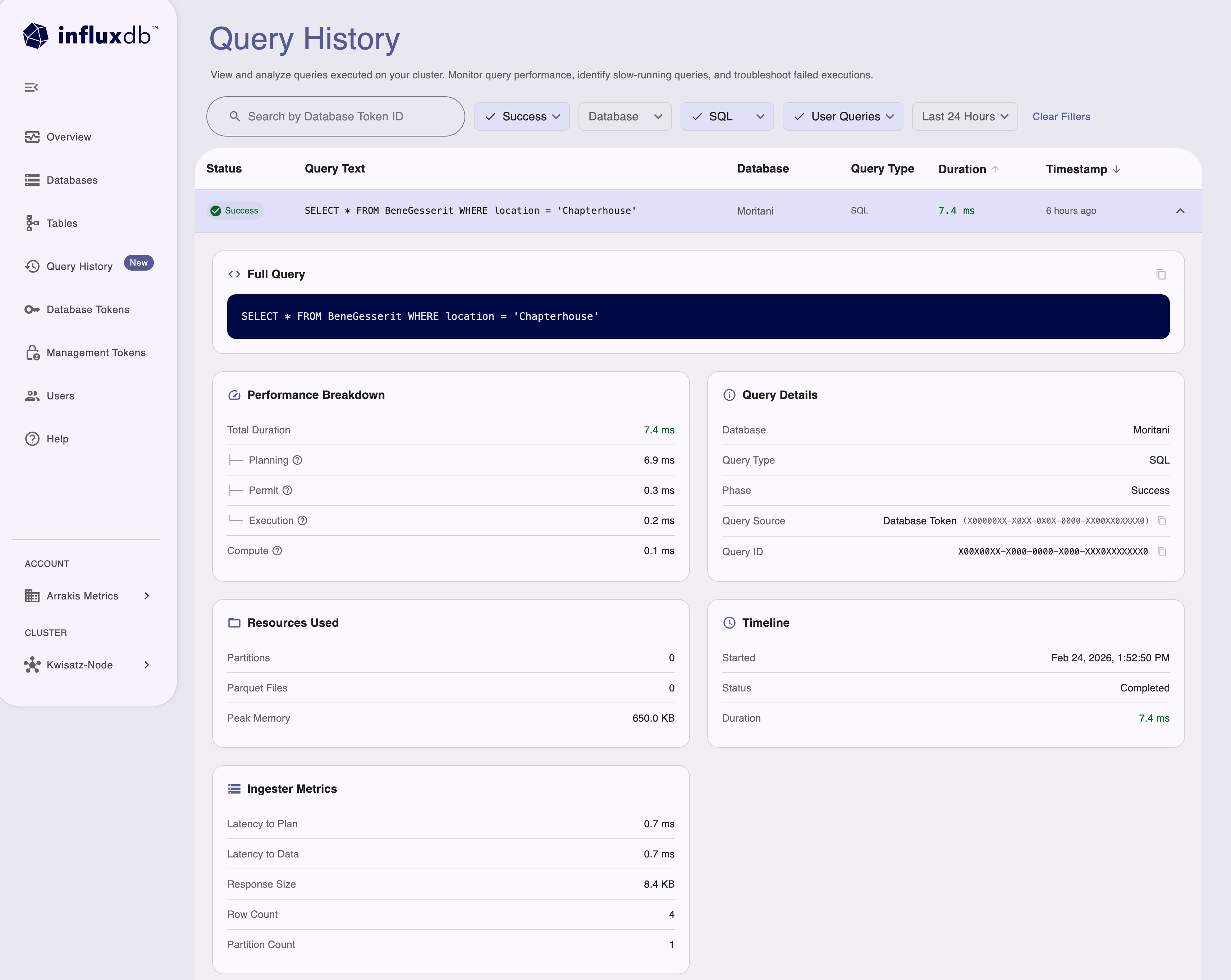 Query History detail view in the Admin UI