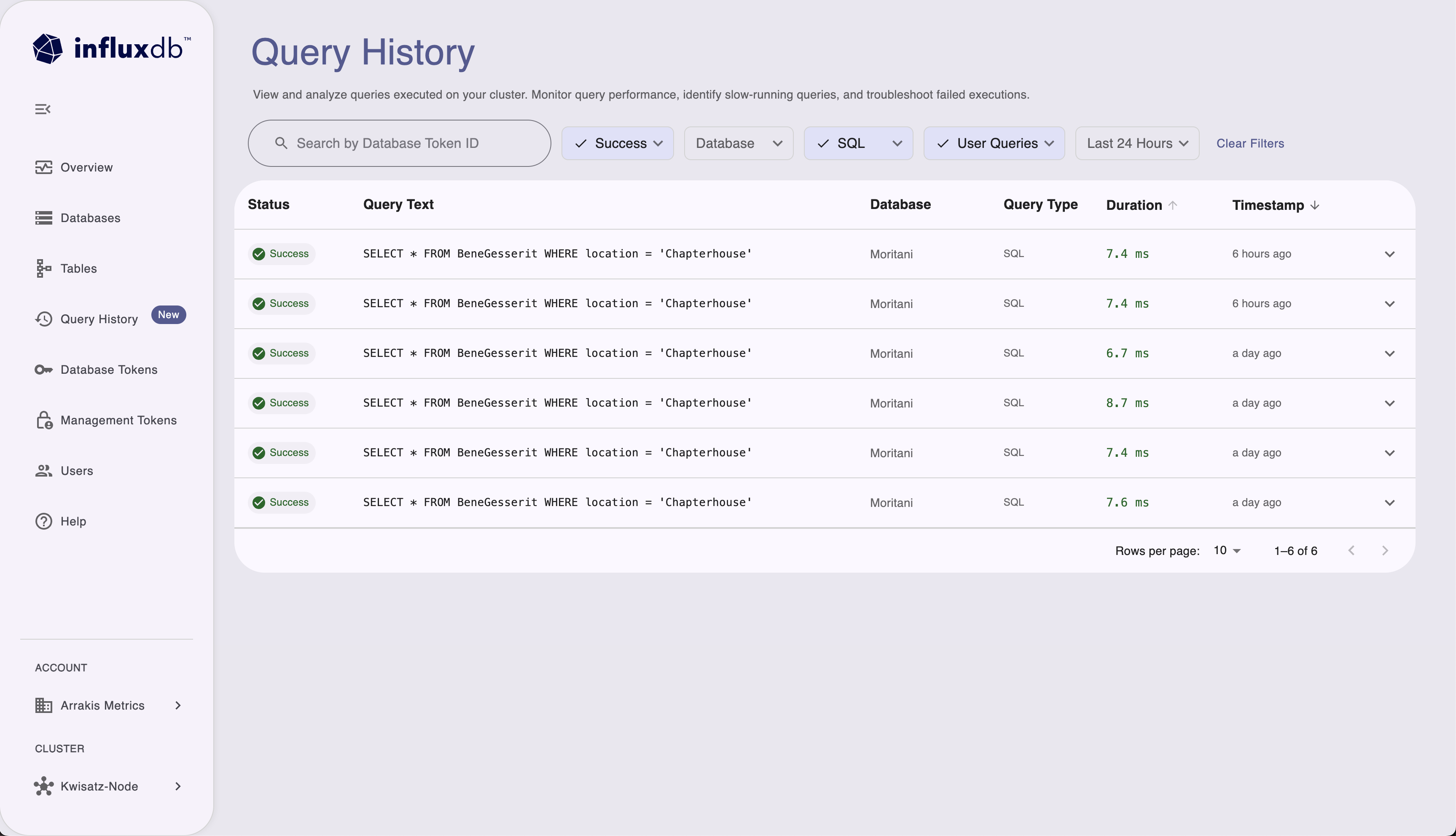 Query History list view in the Admin UI with search, filters, and table