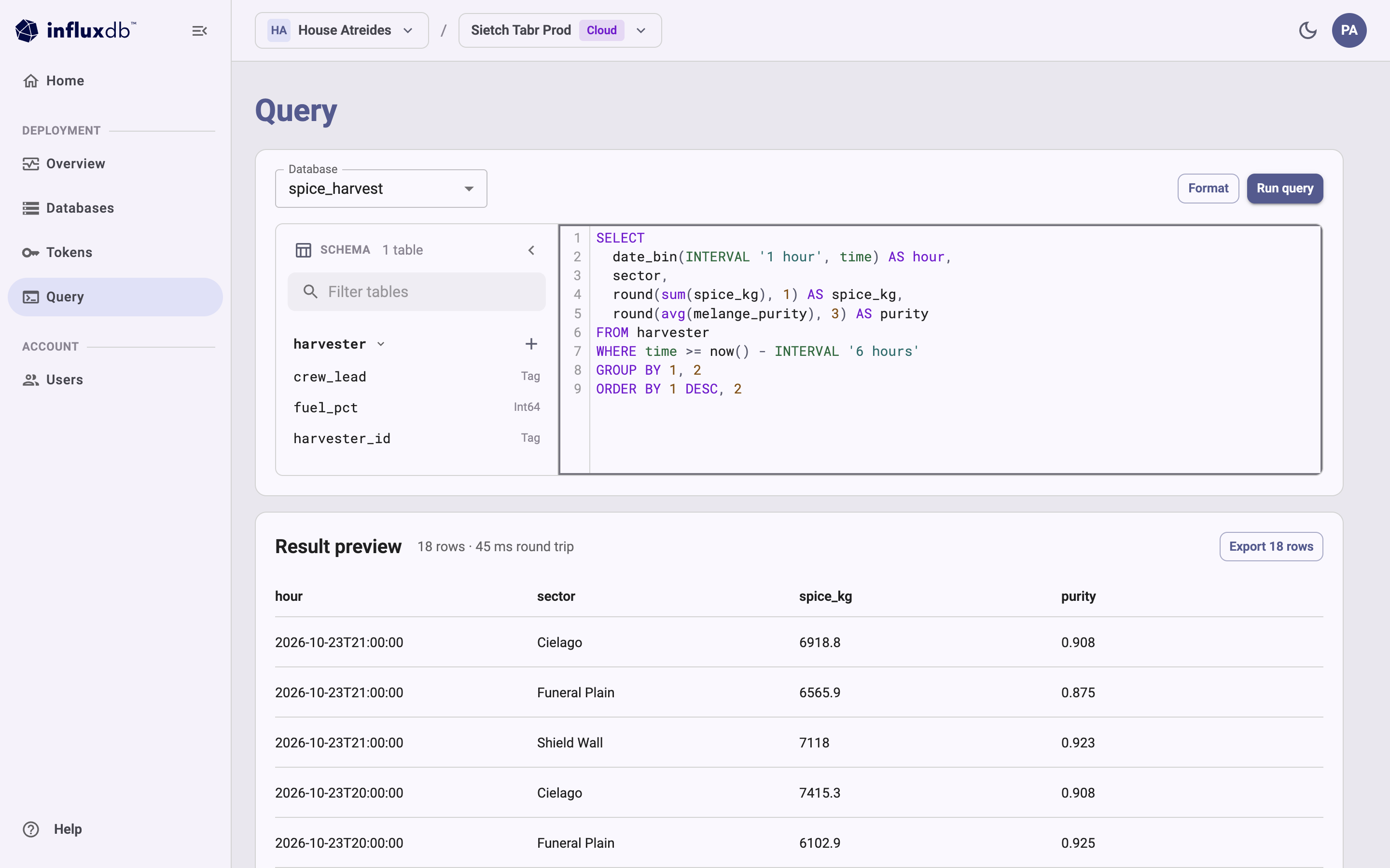 The Query page showing a SQL query in the editor and a result preview with 18 rows