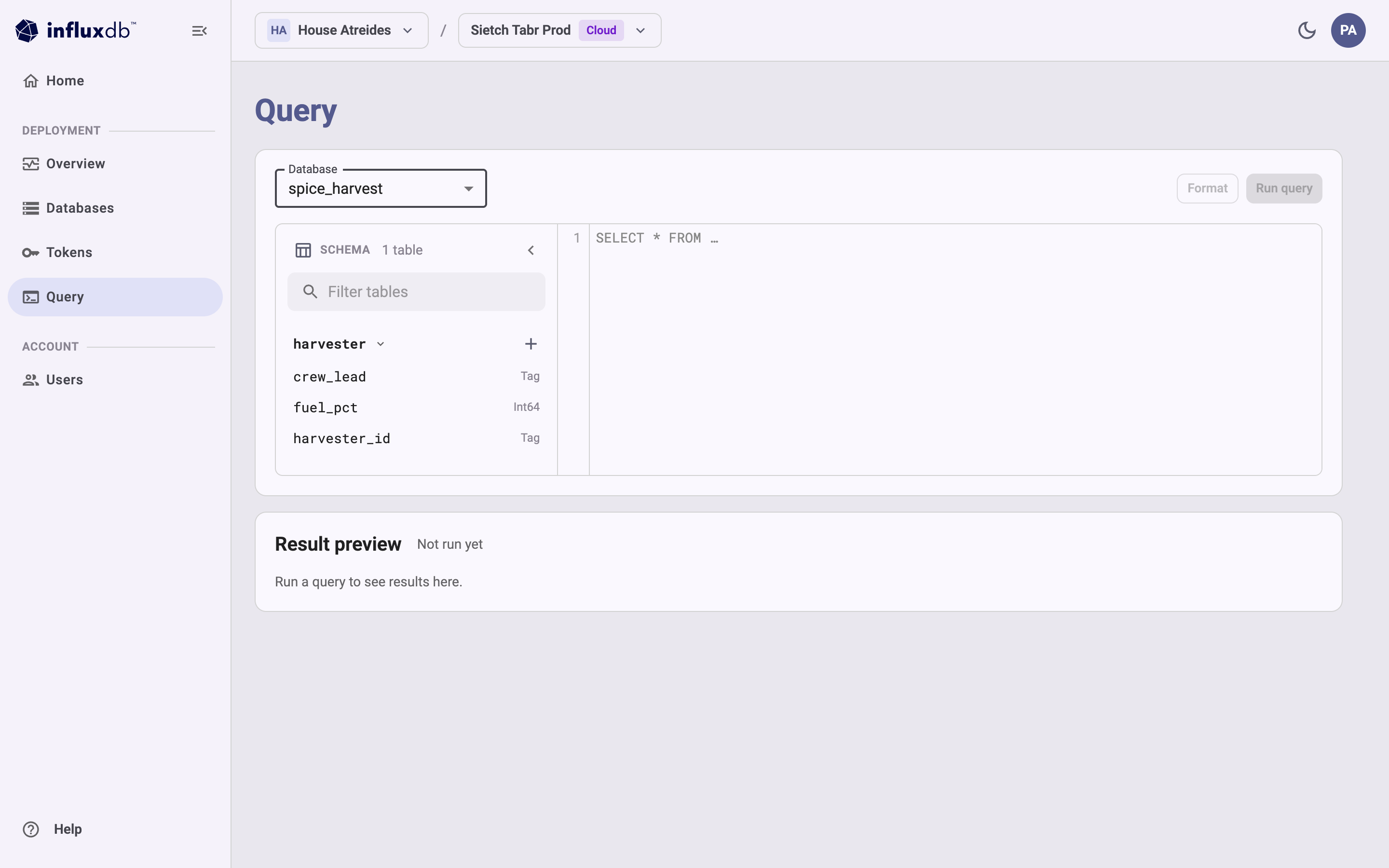 The Query page with the spice_harvest database selected and the harvester table expanded in the schema browser