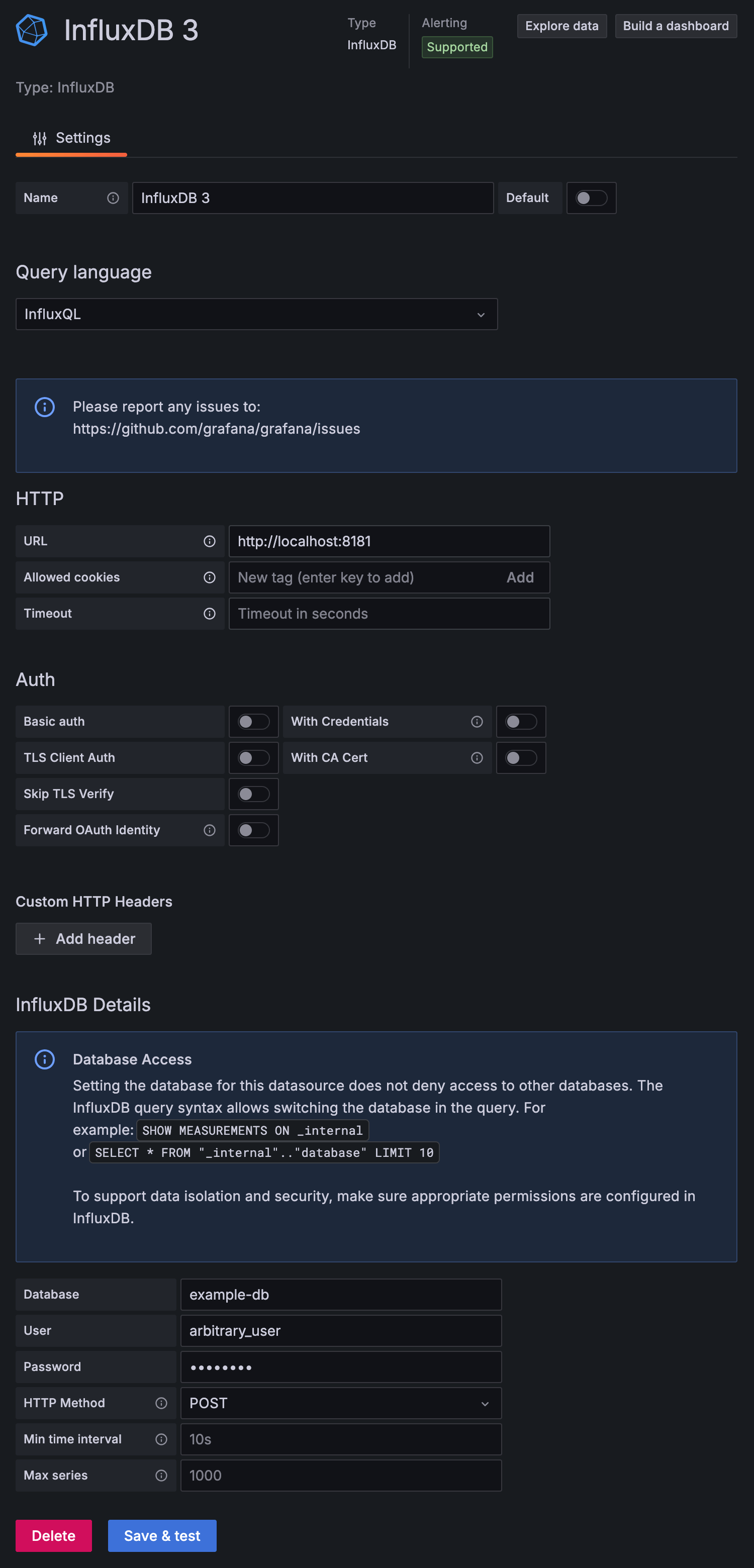 Grafana InfluxDB data source for InfluxDB 3 that uses InfluxQL