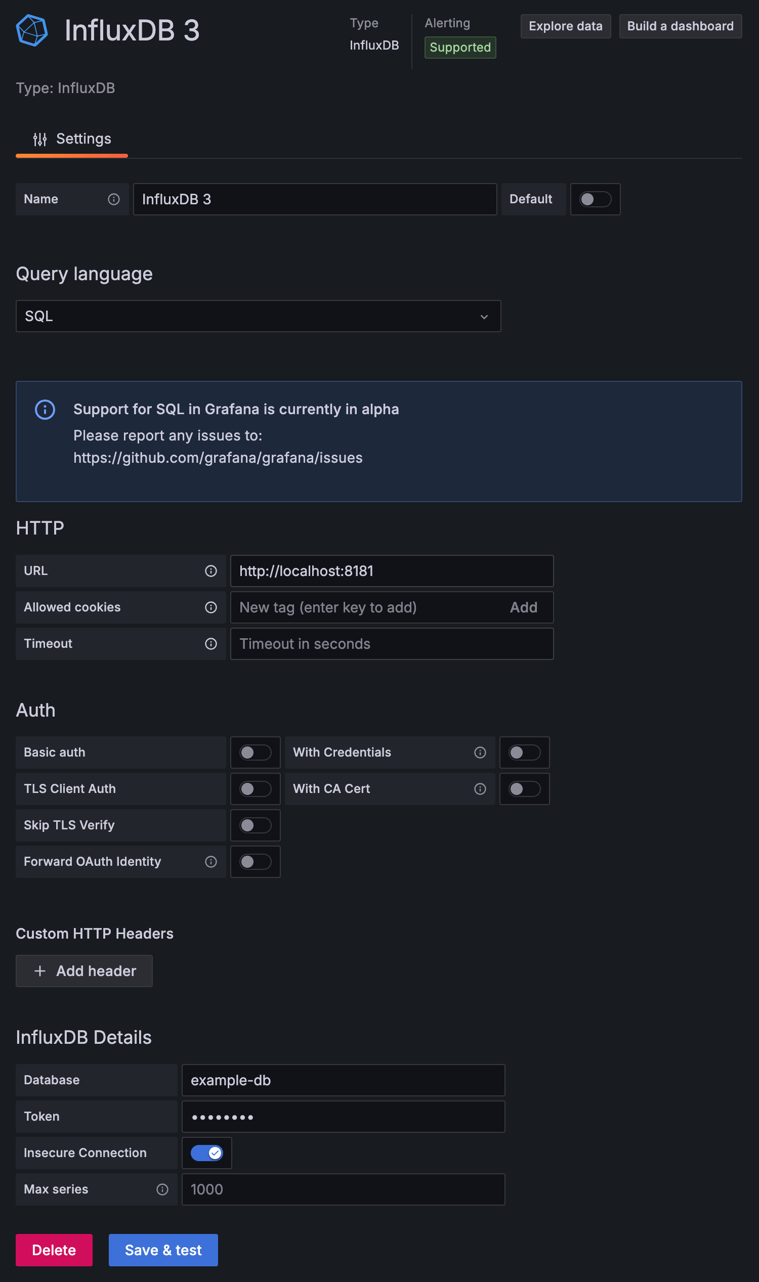 Grafana InfluxDB data source for InfluxDB 3 that uses SQL