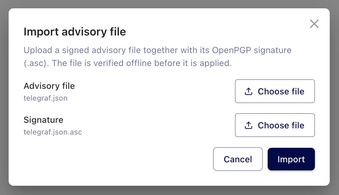 Import advisory file dialog in Telegraf Controller