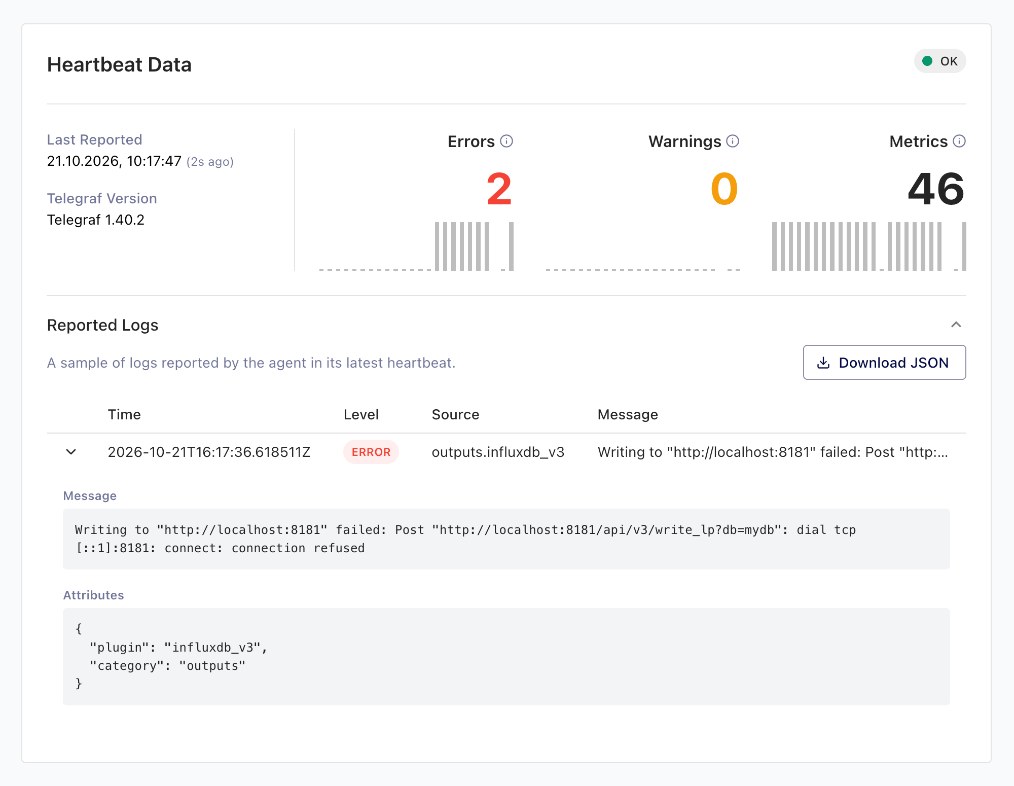 Telegraf Controller agent detail page with heartbeat data and reported logs