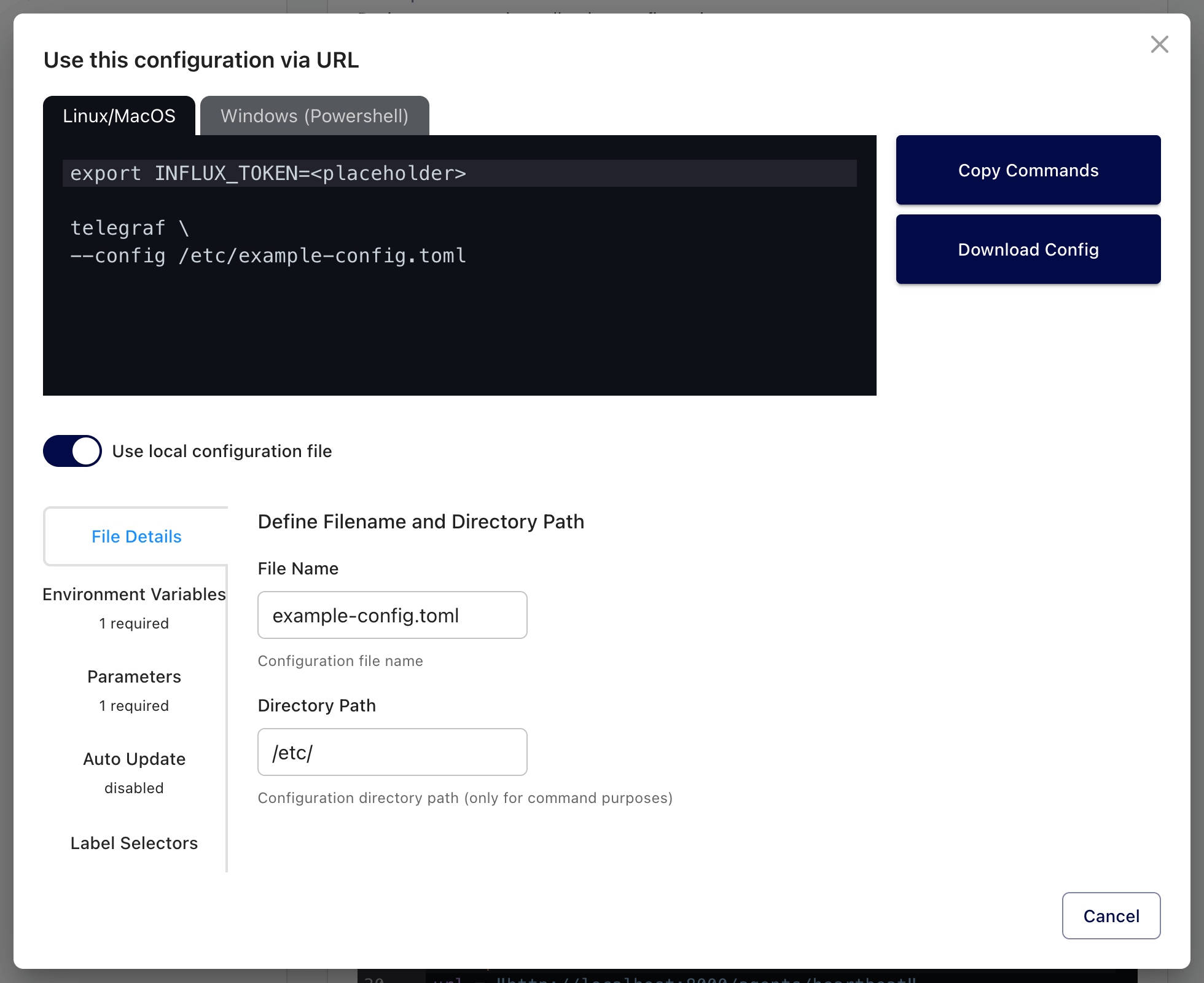 Telegraf Controller command builder