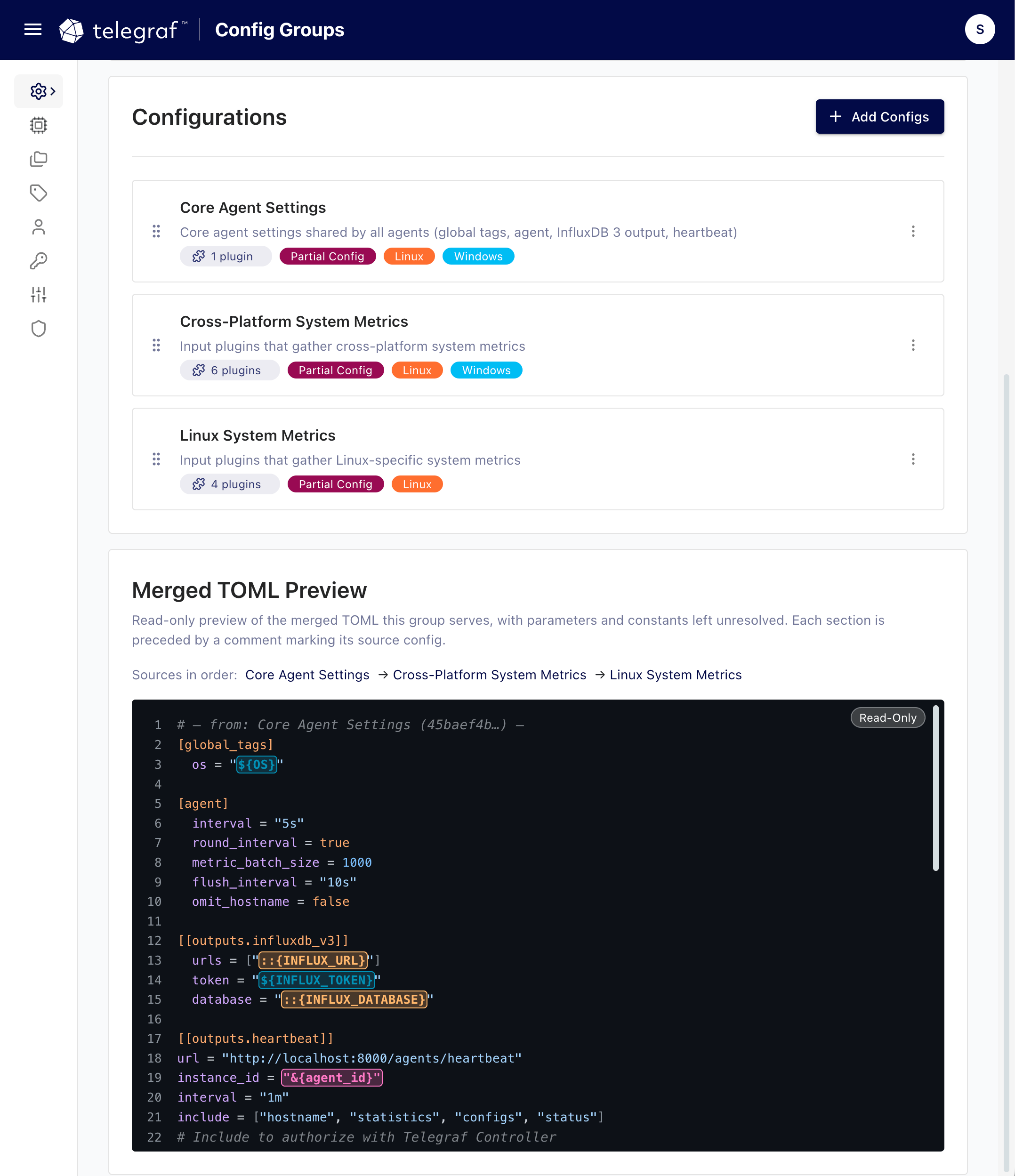 Telegraf Controller configuration group detail page with merged TOML preview