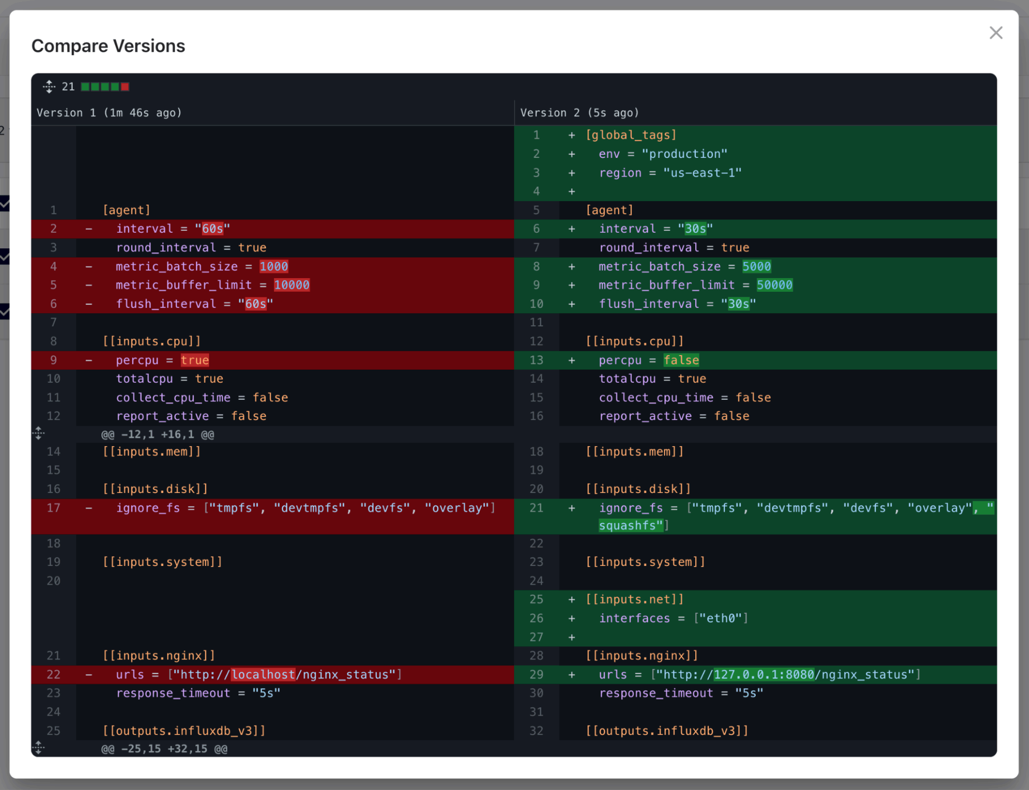 Compare Telegraf configuration versions in Telegraf Controller