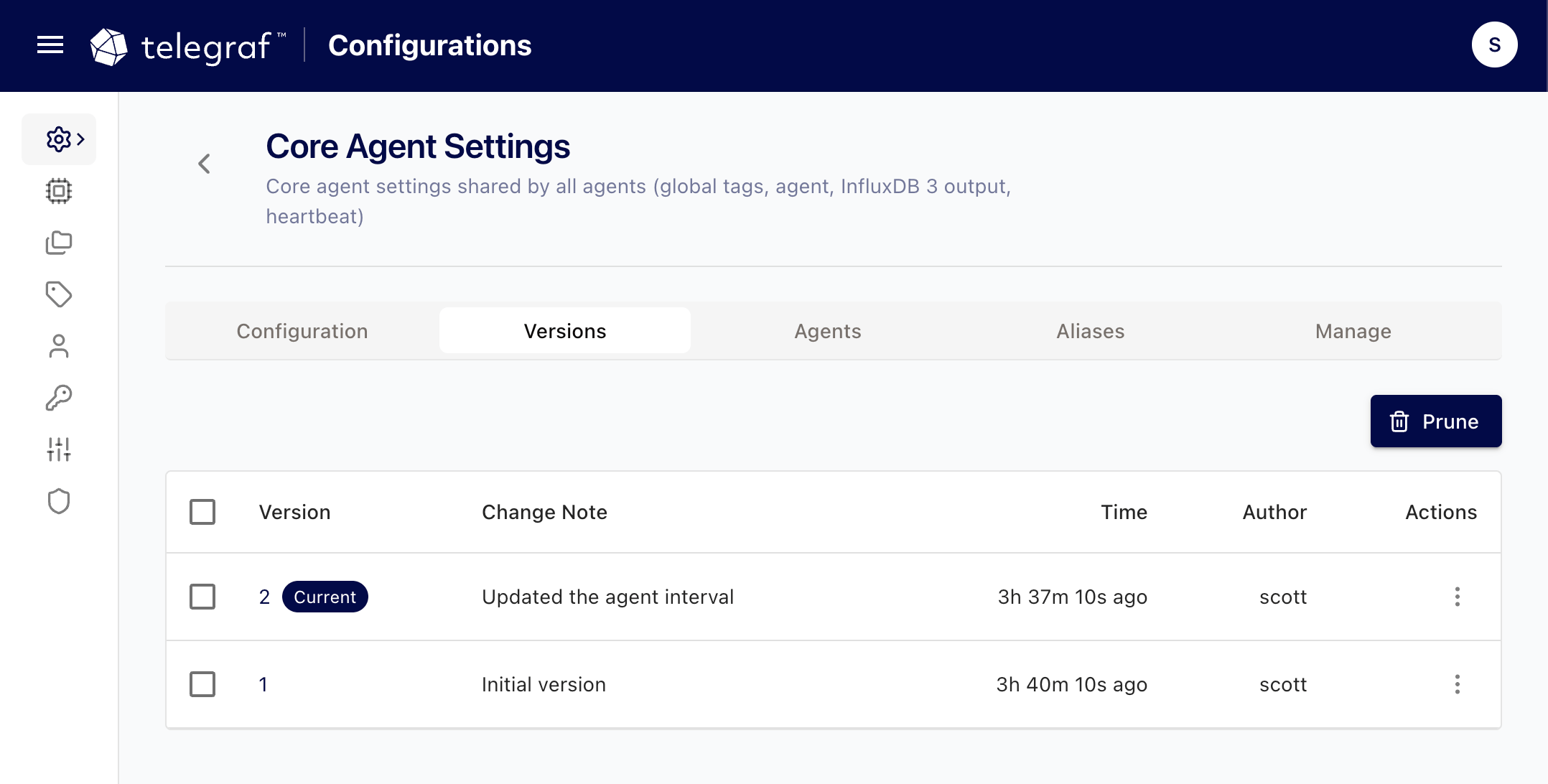 Telegraf configuration version history in Telegraf Controller