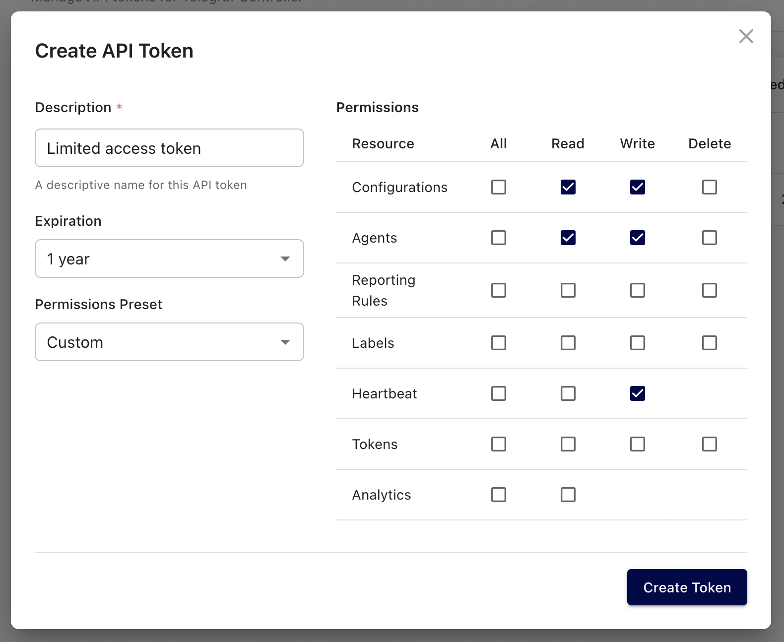 Telegraf Controller create token form