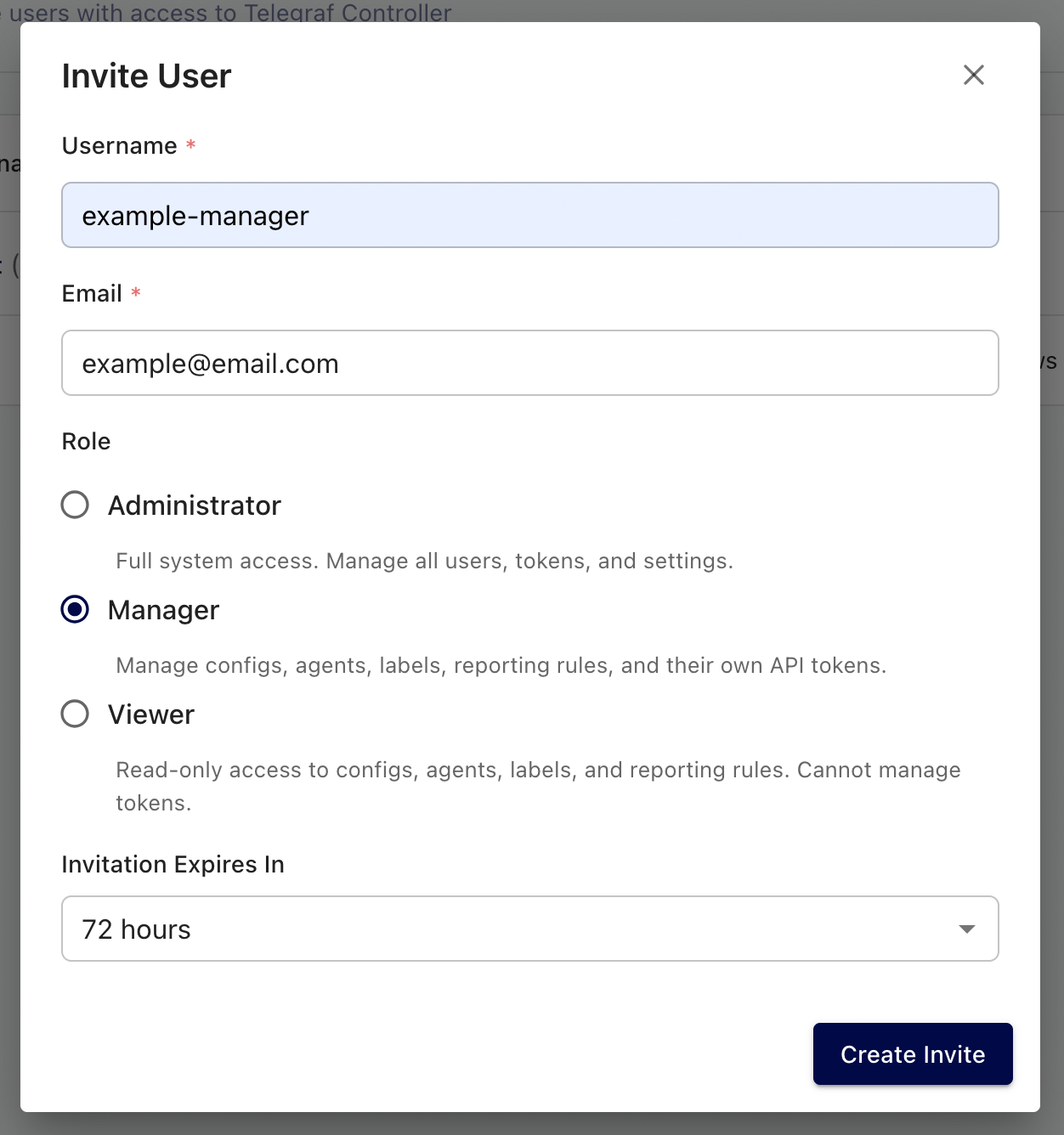 Telegraf Controller invite user form