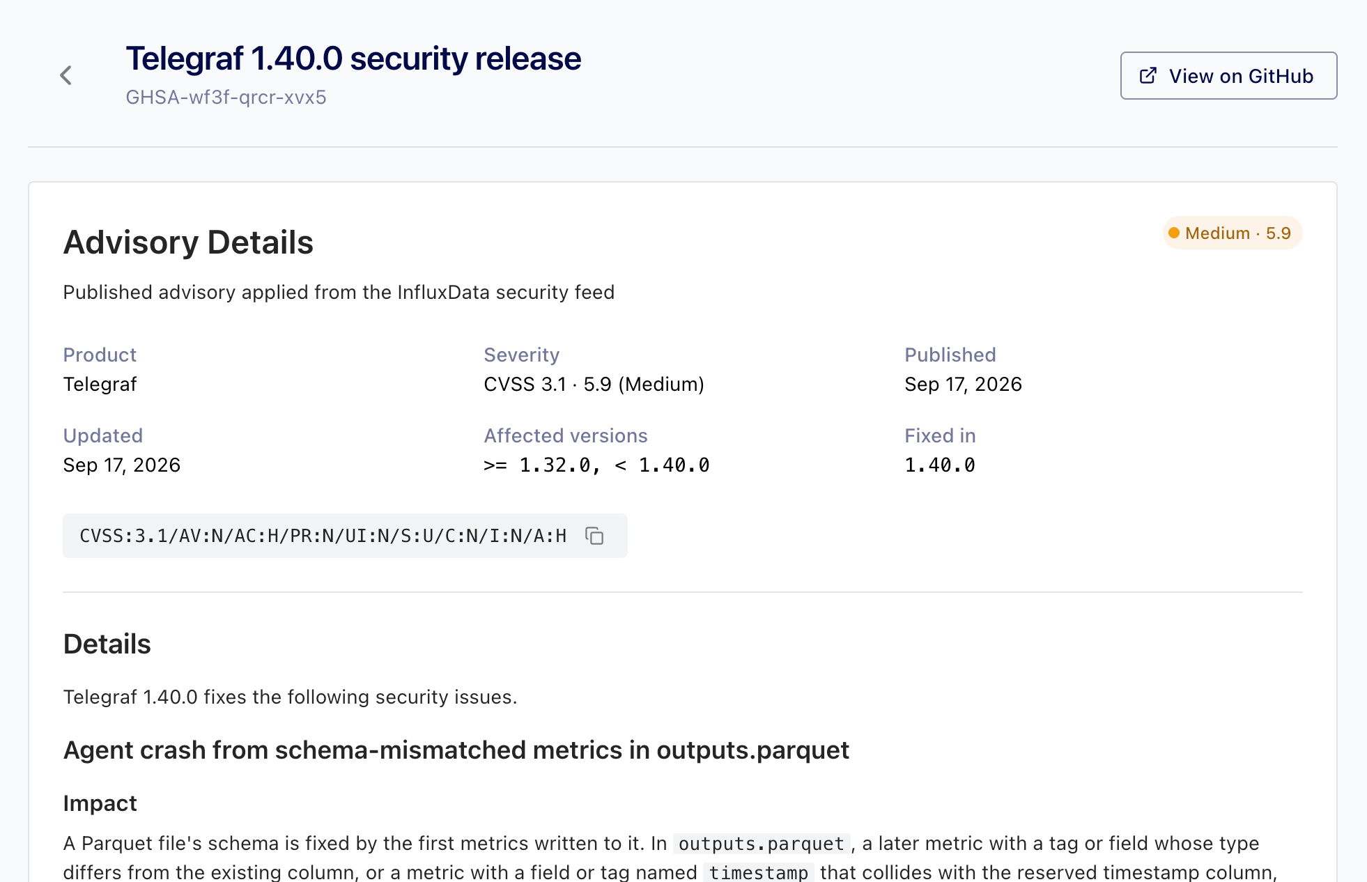 Advisory details and affected agents in Telegraf Controller