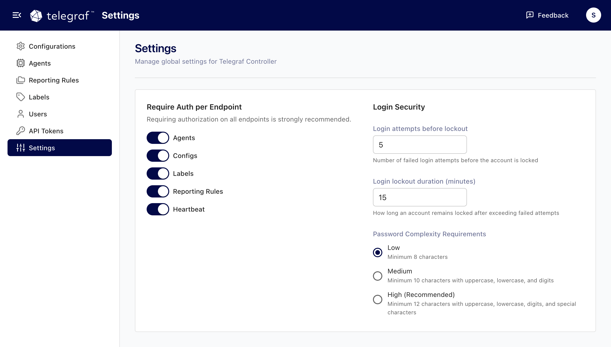 Telegraf Controller settings page