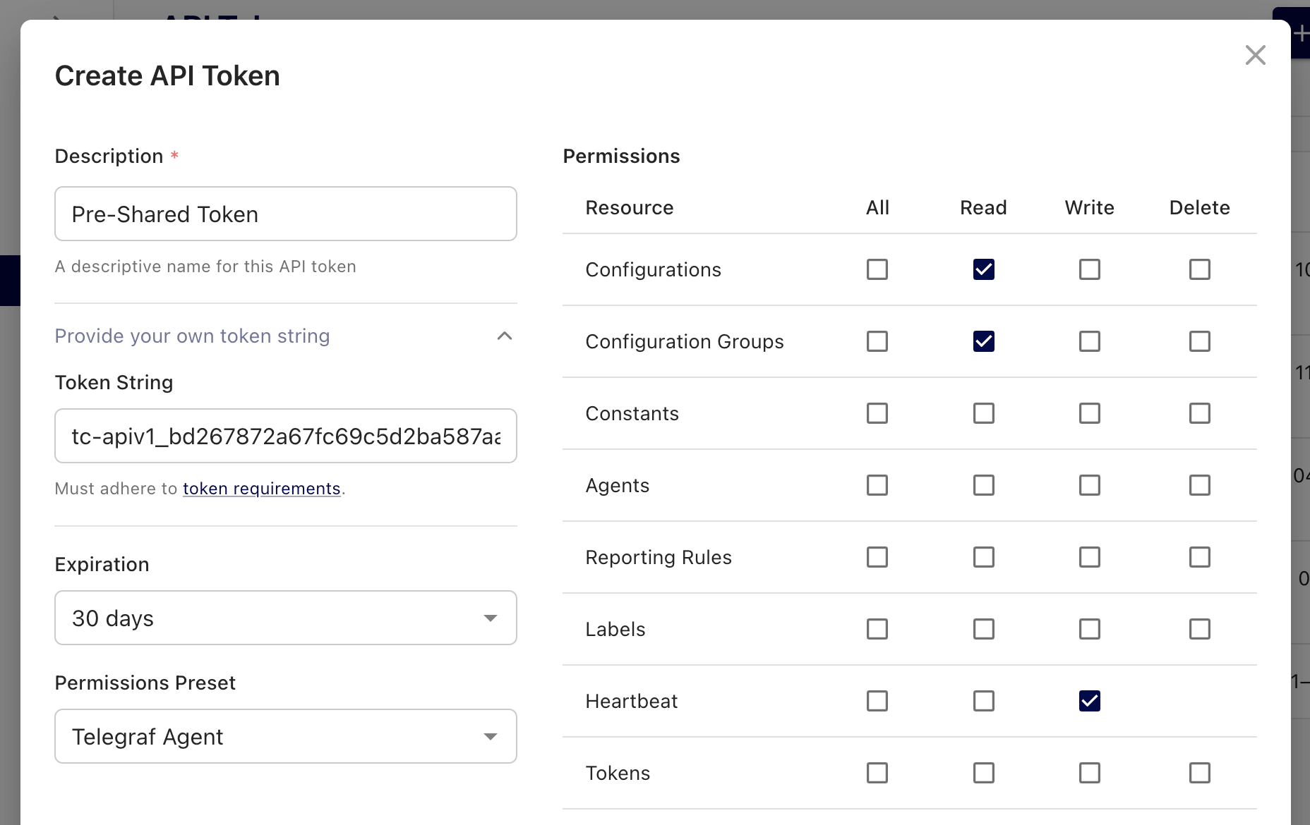 Telegraf Controller create token form with a user-supplied token value